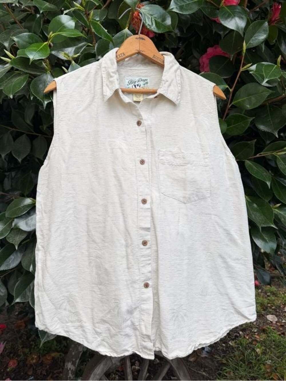 Vintage Silk Big Dogs Cream Sleeveless Button-Front Palm Tree Shirt